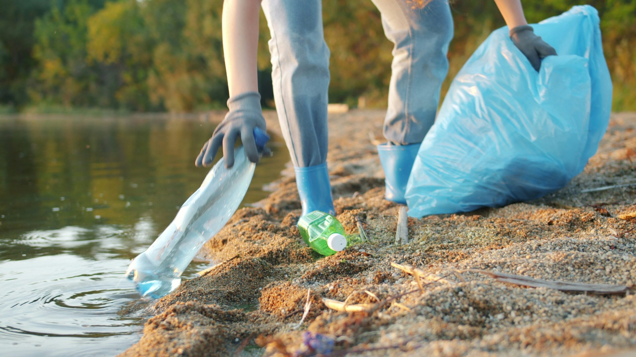 Litter picking by the lake shore